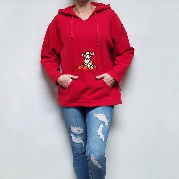 VINTAGE 90s Disney Winnie The Pooh Tigger Red Hooded Fleece Sweatshirt Medium - Picture 2 of 14